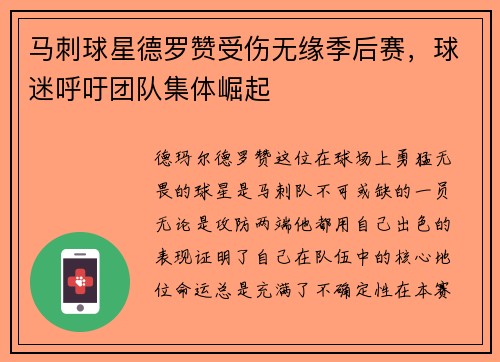 马刺球星德罗赞受伤无缘季后赛，球迷呼吁团队集体崛起